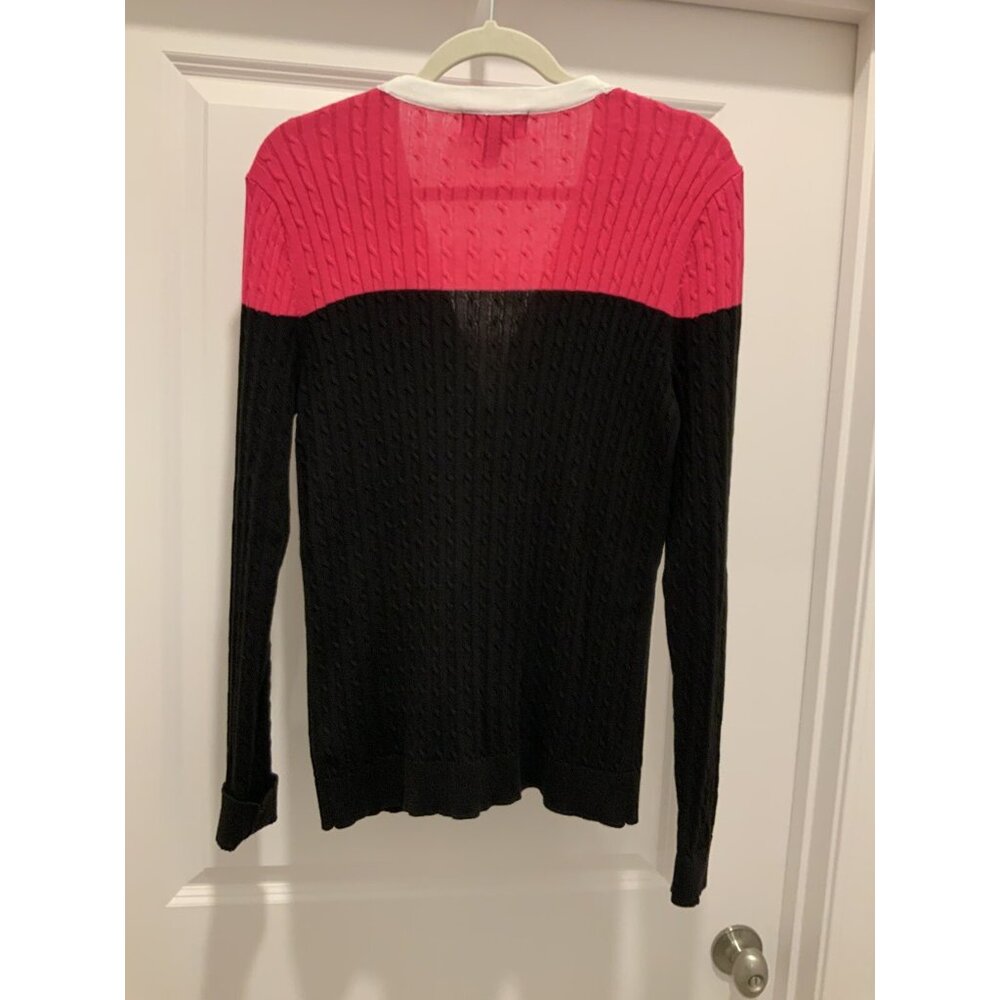 Ralph Lauren Active L-RL Cardigan Large Womens Pink Black Snaps Up White Trim - Picture 4 of 8